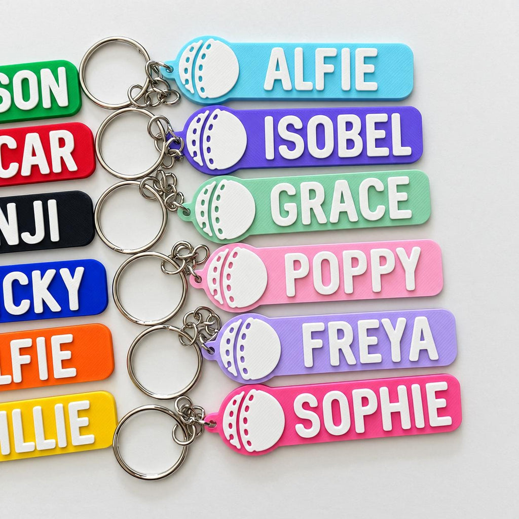 Personalised Name Cricket Ball Keyring - Backpack Keychain Club Kit Bag Dad Gift