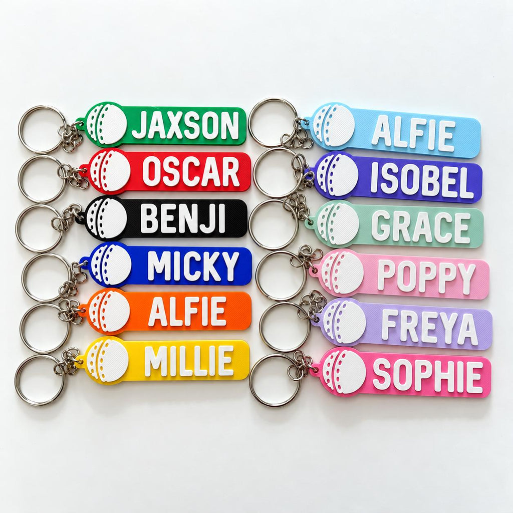 Personalised Name Cricket Ball Keyring - Backpack Keychain Club Kit Bag Dad Gift