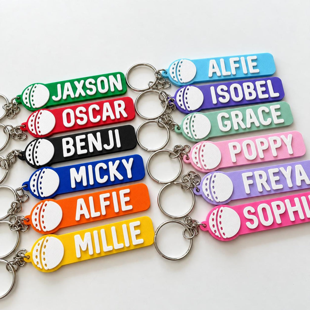 Personalised Name Cricket Ball Keyring - Backpack Keychain Club Kit Bag Dad Gift