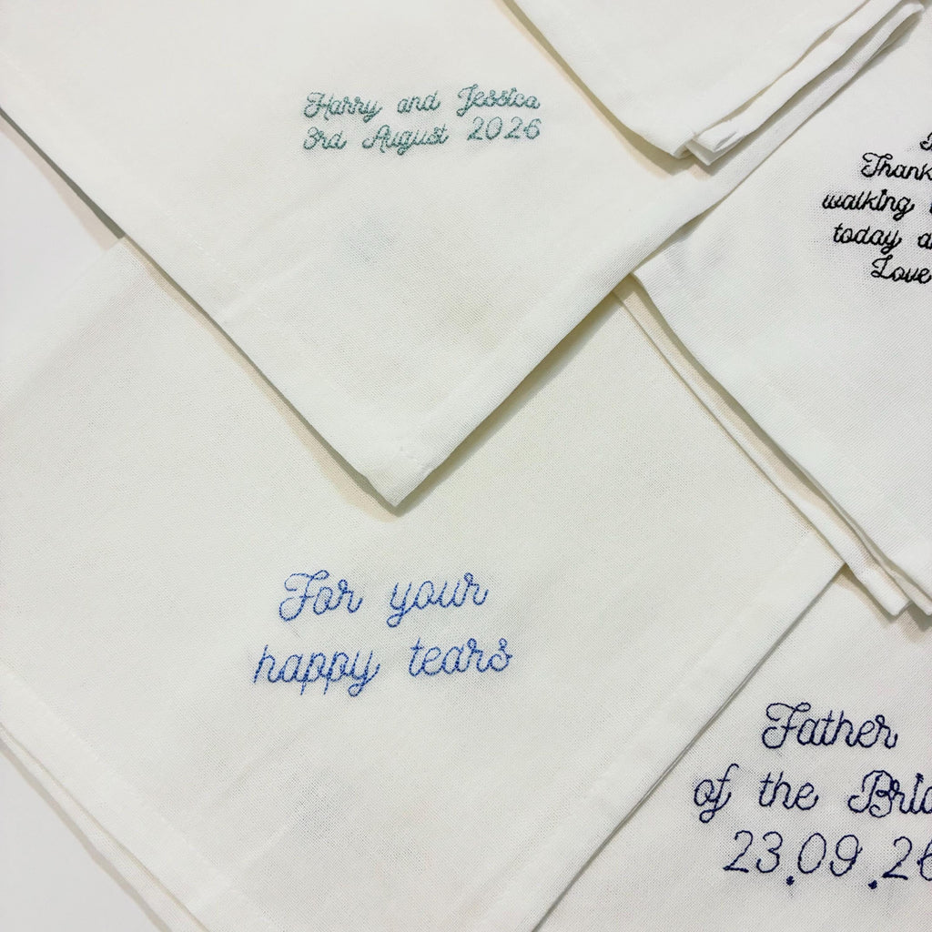 Personalised Embroidered Cotton Napkins - Custom Text Handkerchief Keepsake Gift