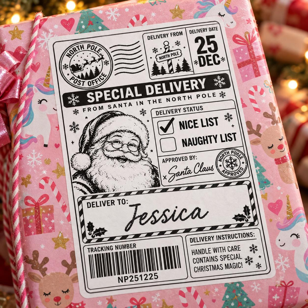 10 PACK - Personalised Santa Gift Christmas Postage Label Stickers - North Pole Nice List Parcel