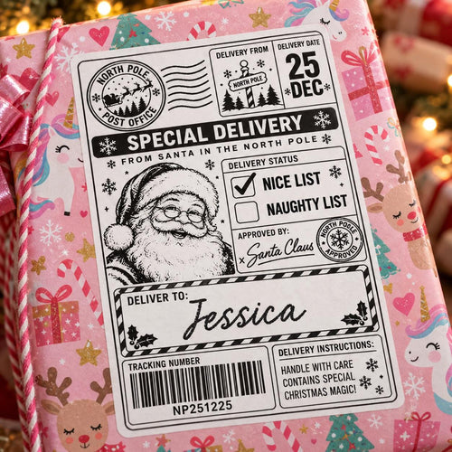 10 PACK - Personalised Santa Gift Christmas Postage Label Stickers - North Pole Nice List Parcel
