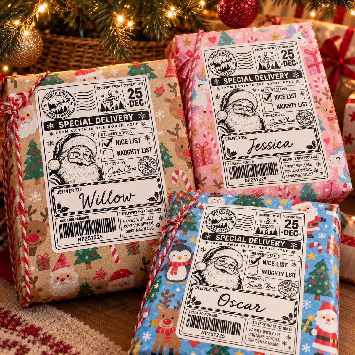 10 PACK - Personalised Santa Gift Christmas Postage Label Stickers - North Pole Nice List Parcel