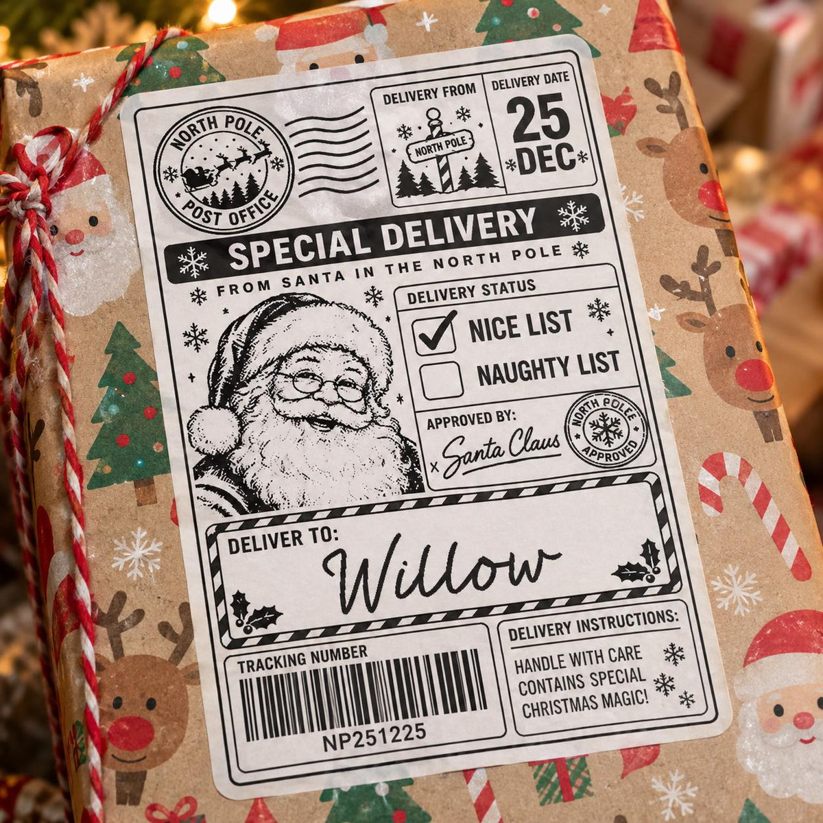 10 PACK - Personalised Santa Gift Christmas Postage Label Stickers - North Pole Nice List Parcel