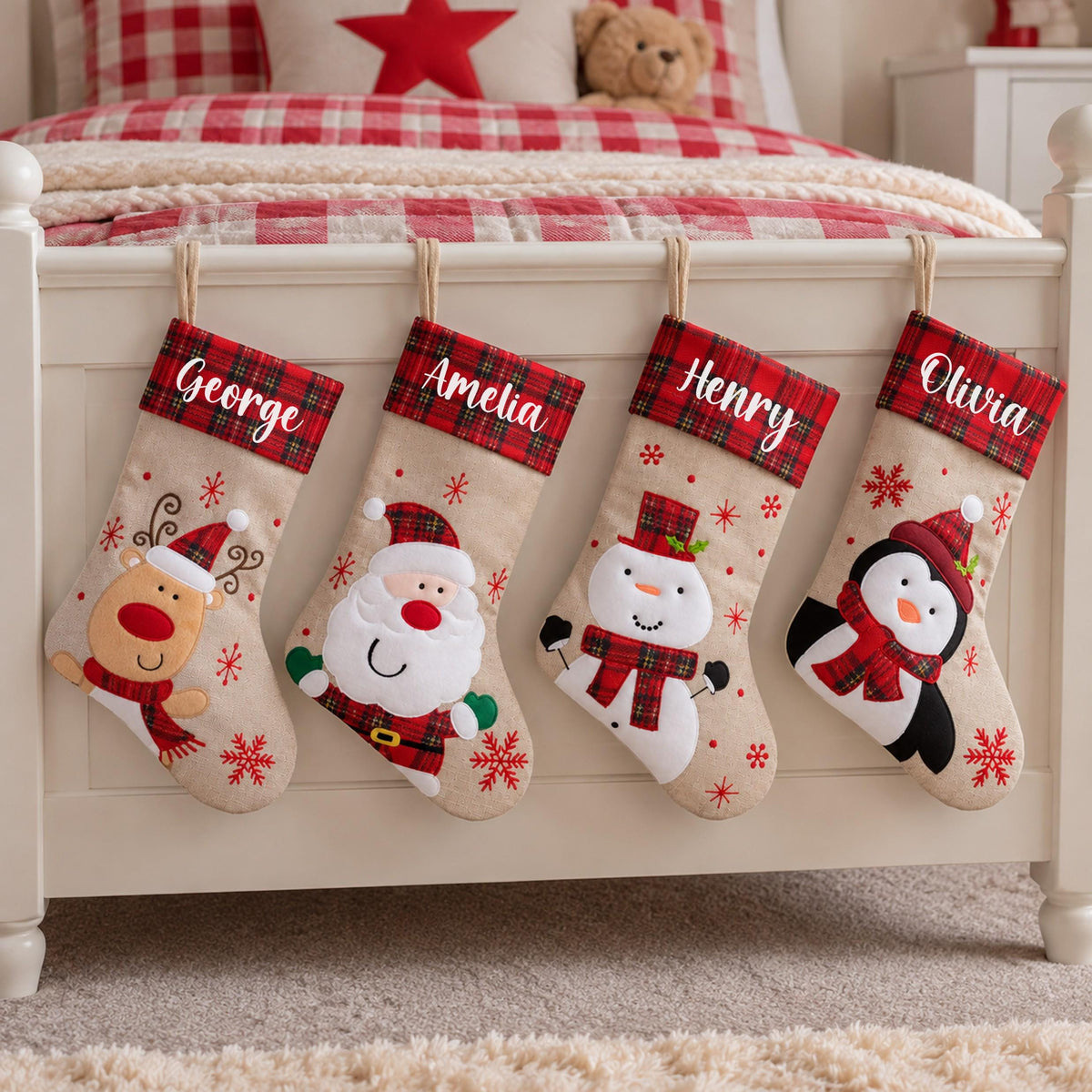 Personalised Tartan Christmas Stocking - Childrens Name Santa Snowman Reindeer