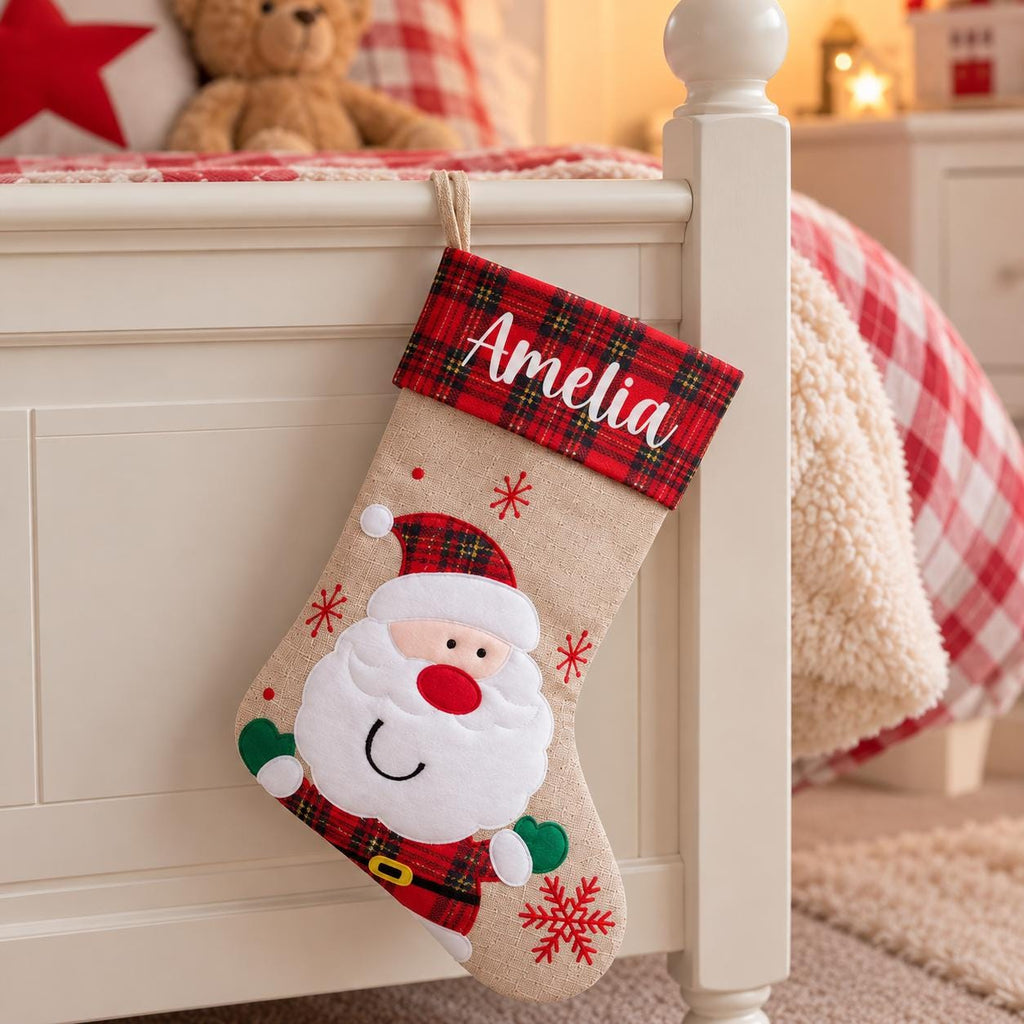 Personalised Tartan Christmas Stocking - Childrens Name Santa Snowman Reindeer