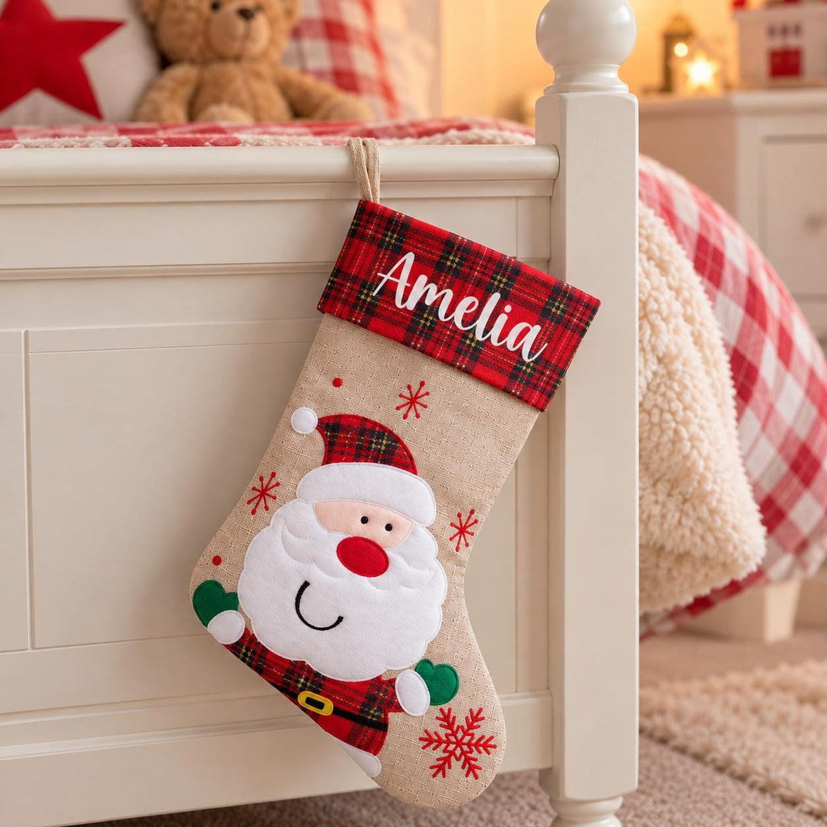 Personalised Tartan Christmas Stocking - Childrens Name Santa Snowman Reindeer