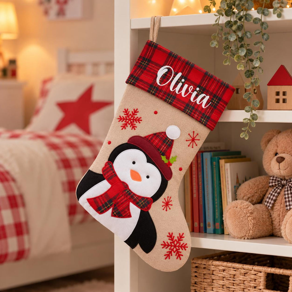 Personalised Tartan Christmas Stocking - Childrens Name Santa Snowman Reindeer