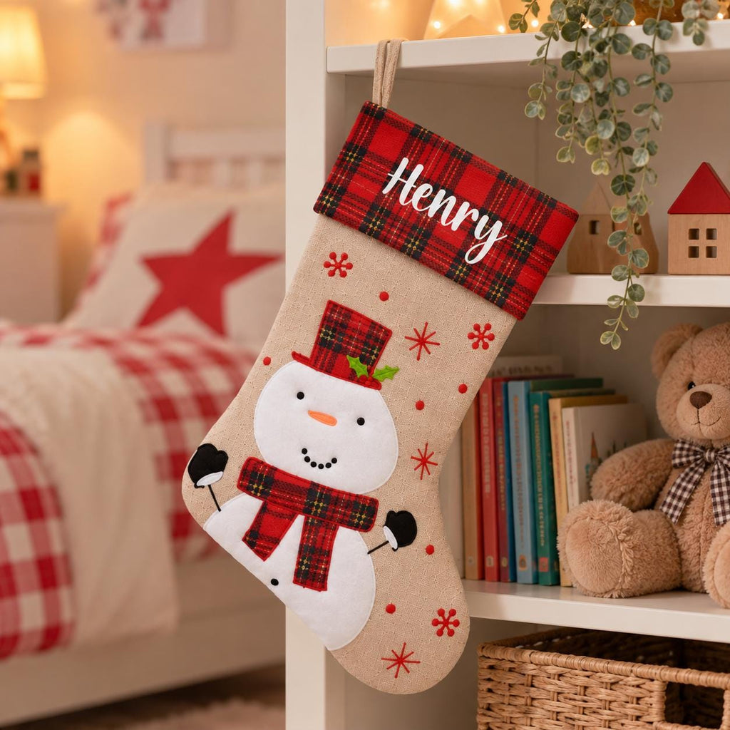 Personalised Tartan Christmas Stocking - Childrens Name Santa Snowman Reindeer