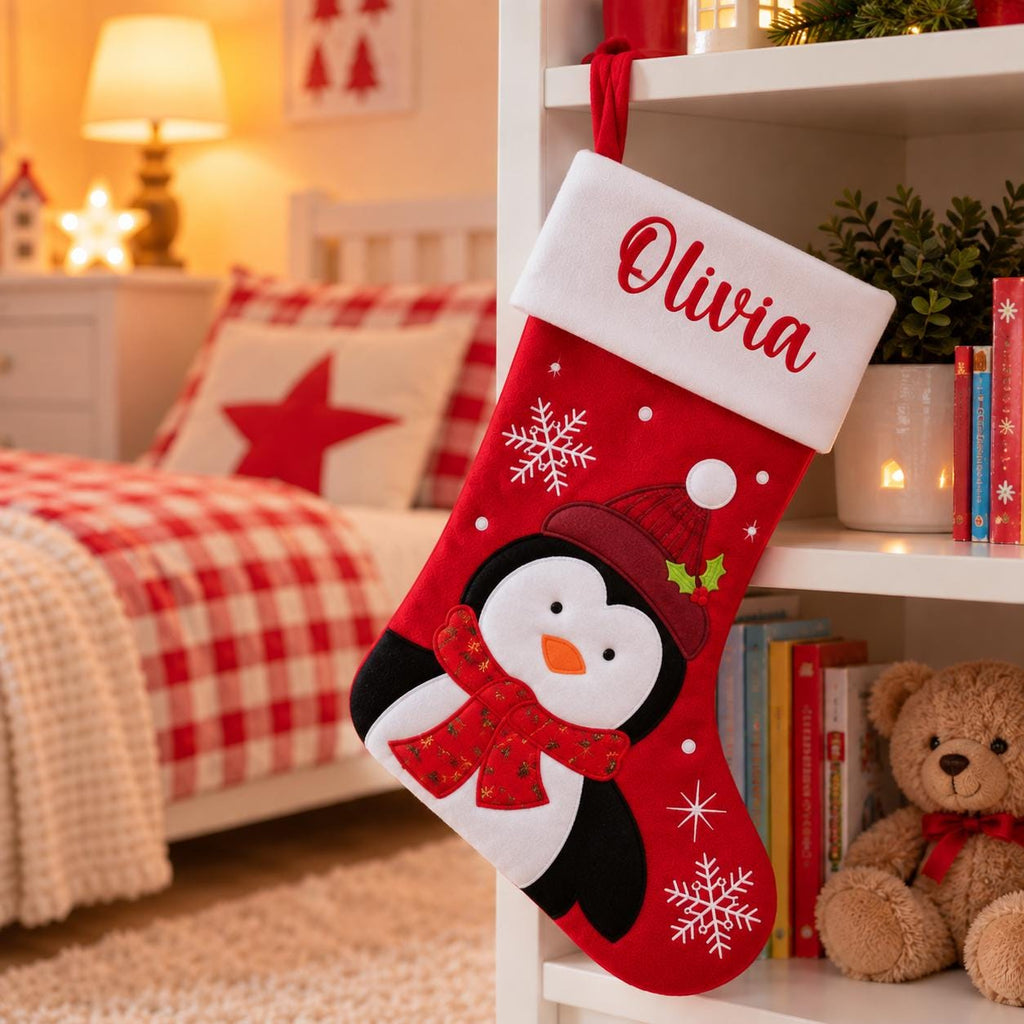 Personalised Plush Christmas Stocking - Childrens Name Santa Snowman Reindeer