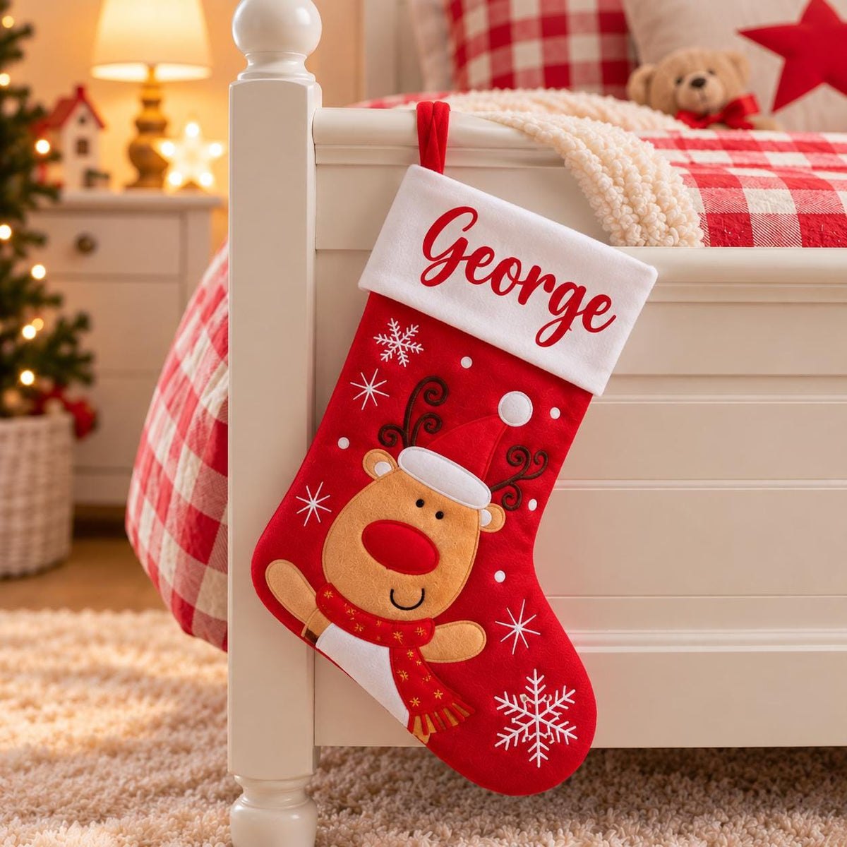 Personalised Plush Christmas Stocking - Childrens Name Santa Snowman Reindeer