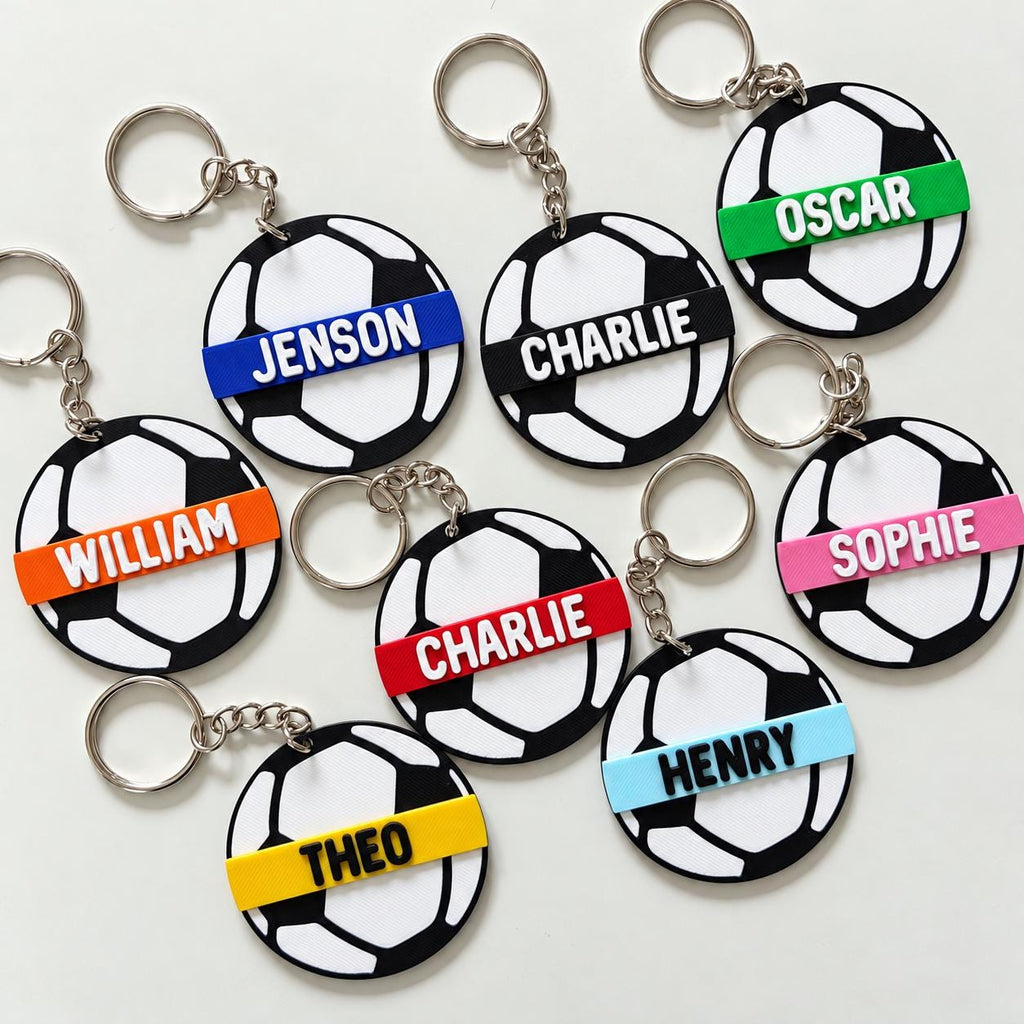 Personalised Name Football Keyrings Kids Backpack Keychain Boys PE Kit Bag Charm Gift