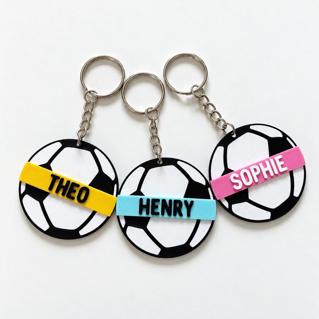 Personalised Name Football Keyrings Kids Backpack Keychain Boys PE Kit Bag Charm Gift