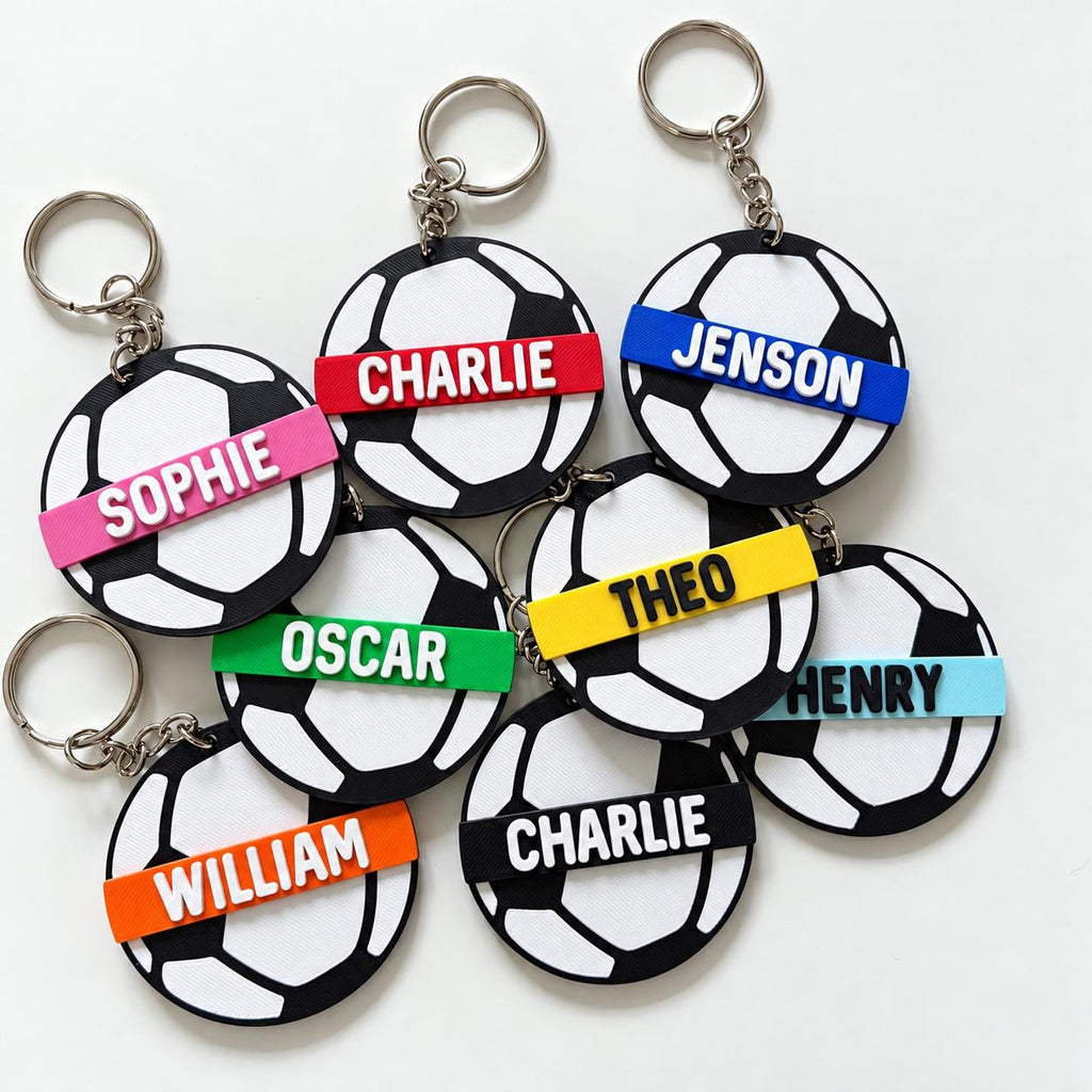 Personalised Name Football Keyrings Kids Backpack Keychain Boys PE Kit Bag Charm Gift