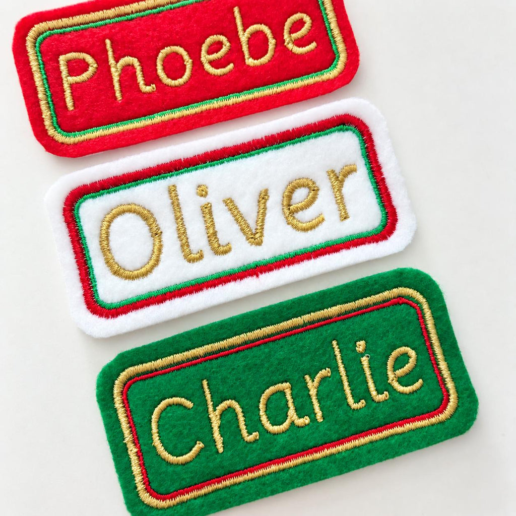 Personalised Embroidered Name Patch Kids Christmas Stocking Tags Sew & Iron On