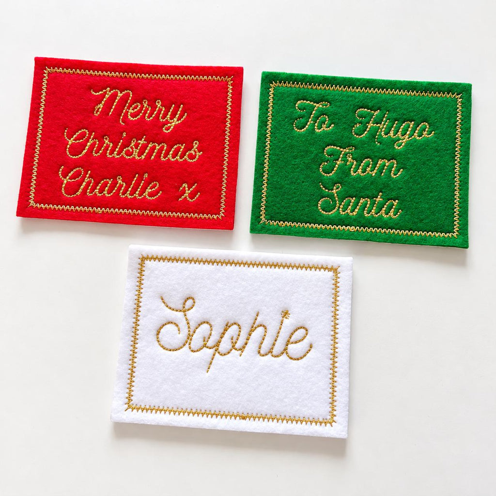 Personalised Embroidered Name Patch Kids Christmas Stocking Tags Sew & Iron On
