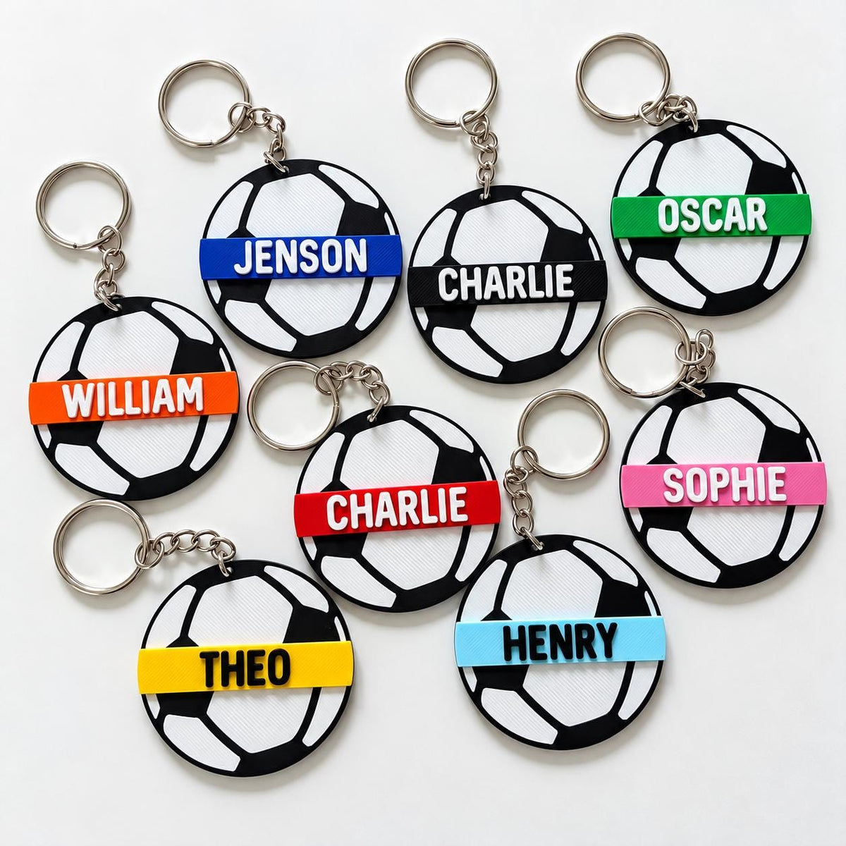 Personalised Name Football Keyrings Kids Backpack Keychain Boys PE Kit Bag Charm Gift
