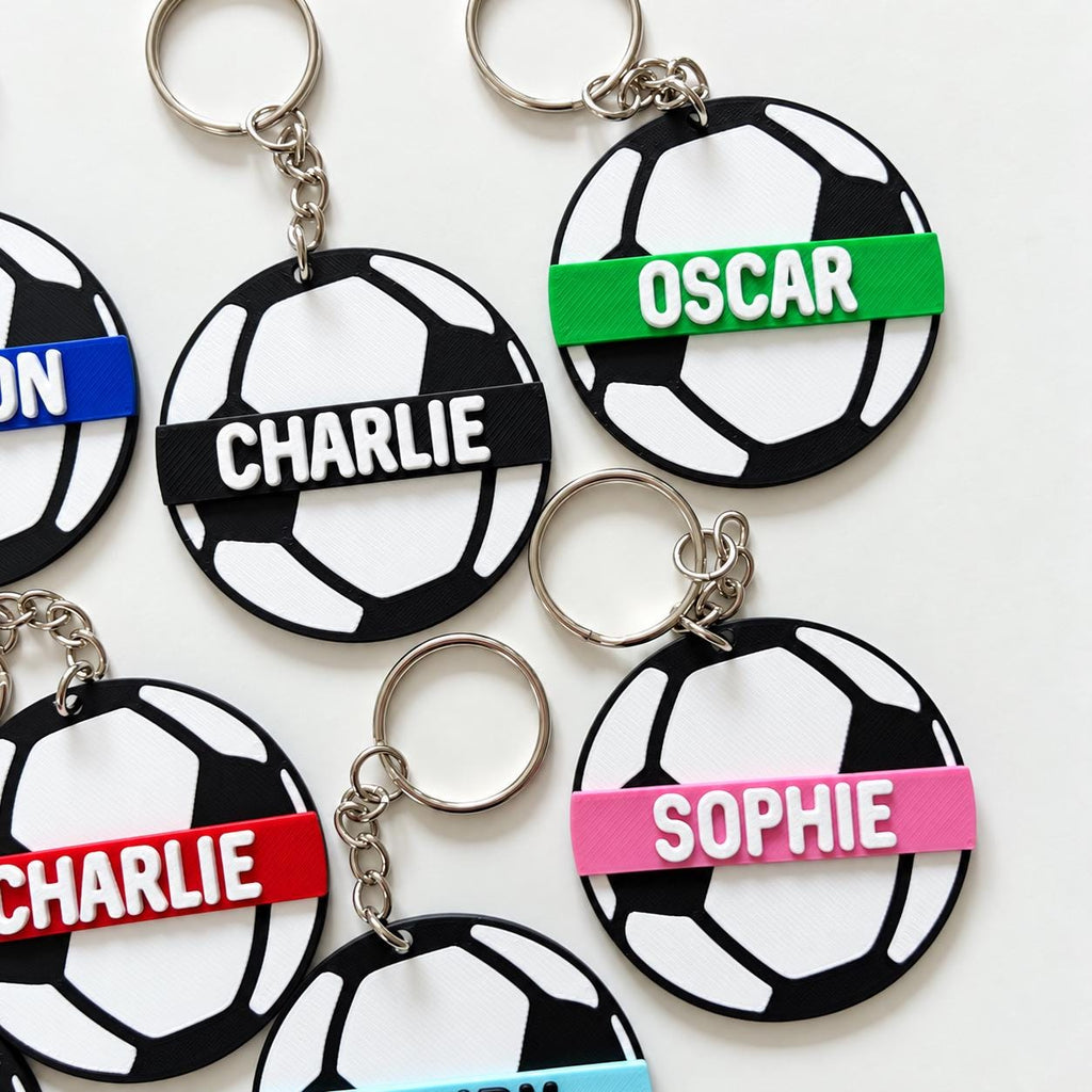 Personalised Name Football Keyrings Kids Backpack Keychain Boys PE Kit Bag Charm Gift