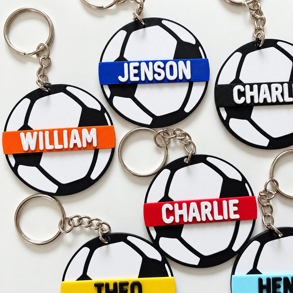 Personalised Name Football Keyrings Kids Backpack Keychain Boys PE Kit Bag Charm Gift