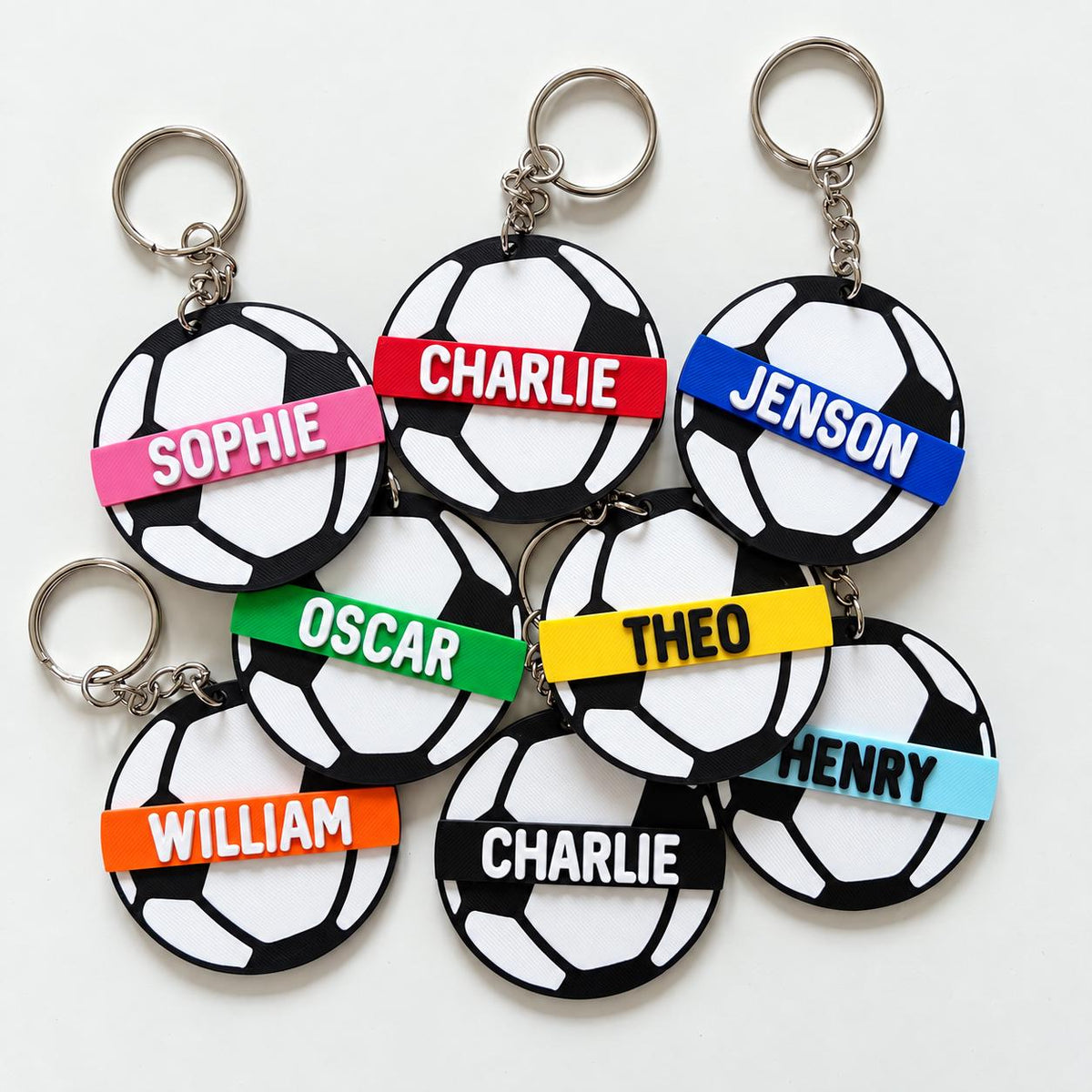 Personalised Name Football Keyrings Kids Backpack Keychain Boys PE Kit Bag Charm Gift