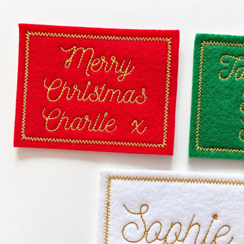 Personalised Embroidered Name Patch Kids Christmas Stocking Tags Sew & Iron On