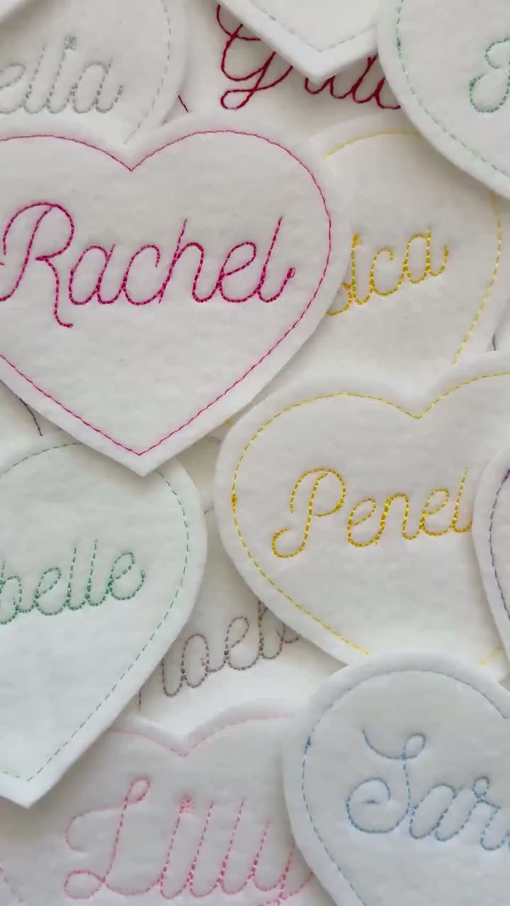 Personalised Embroidered Name Heart Patch Iron On & Sew On Custom Text Badge