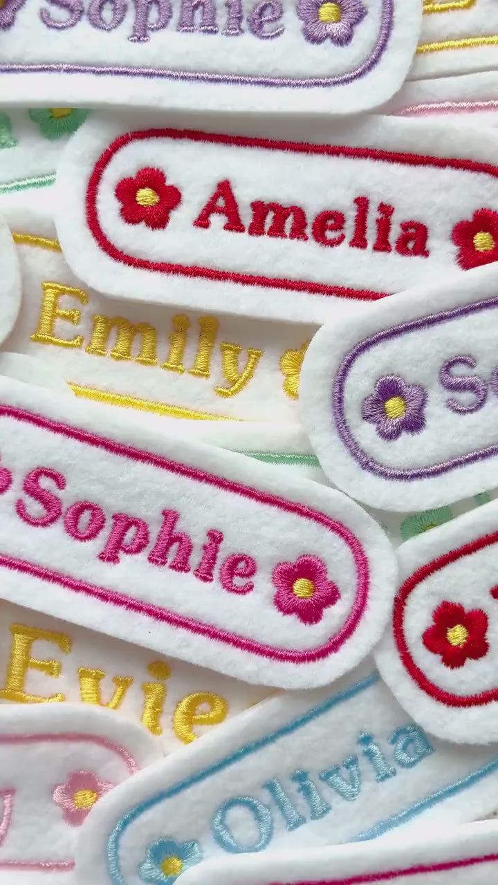 Personalised Embroidered Flower Name Patch Iron On & Sew On Custom Text Badge