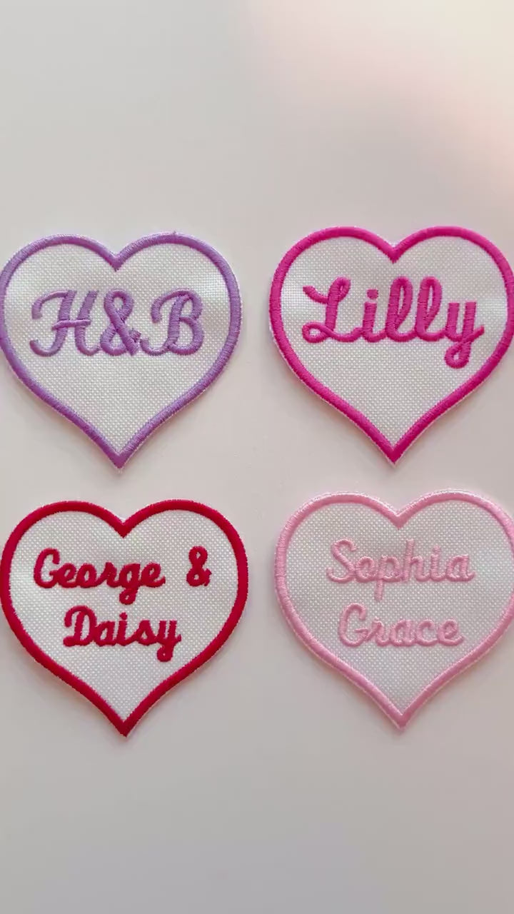 Personalised Embroidered Name Heart Patch Iron On & Sew On Custom Text Badge
