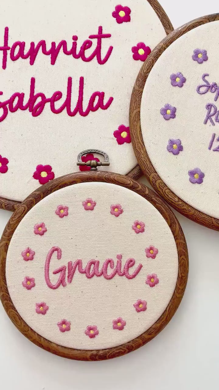 Personalised Floral Embroidery Hoop – Custom Name Embroidered Vintage Art Nursery Decor Baby Shower Birth Announcement Gift