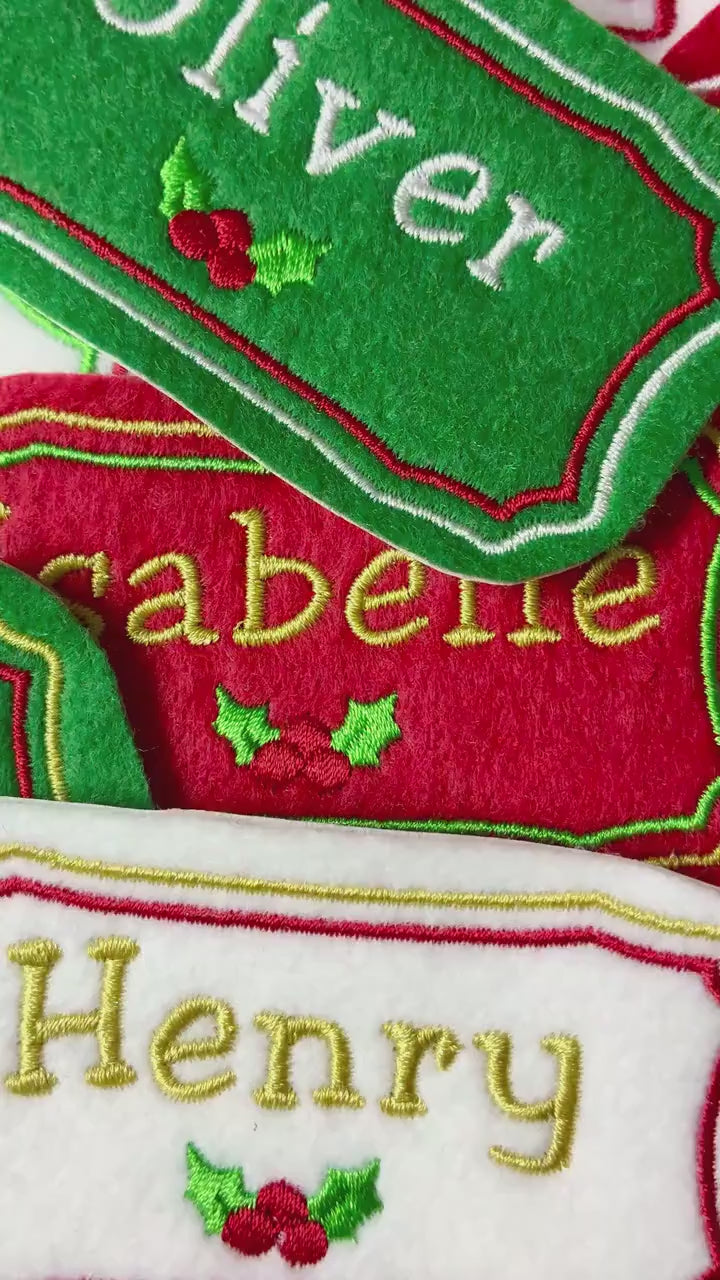 Personalised Embroidered Name Patch Christmas Stocking Tags Iron On & Sew On Custom Text Badge