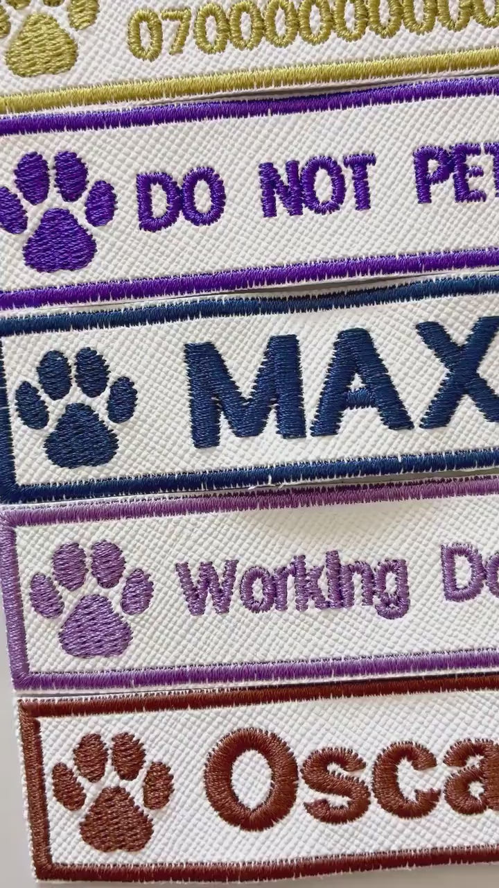 Personalised Embroidered Dog Paw Text Patch Iron & Sew On Training Harness Badge